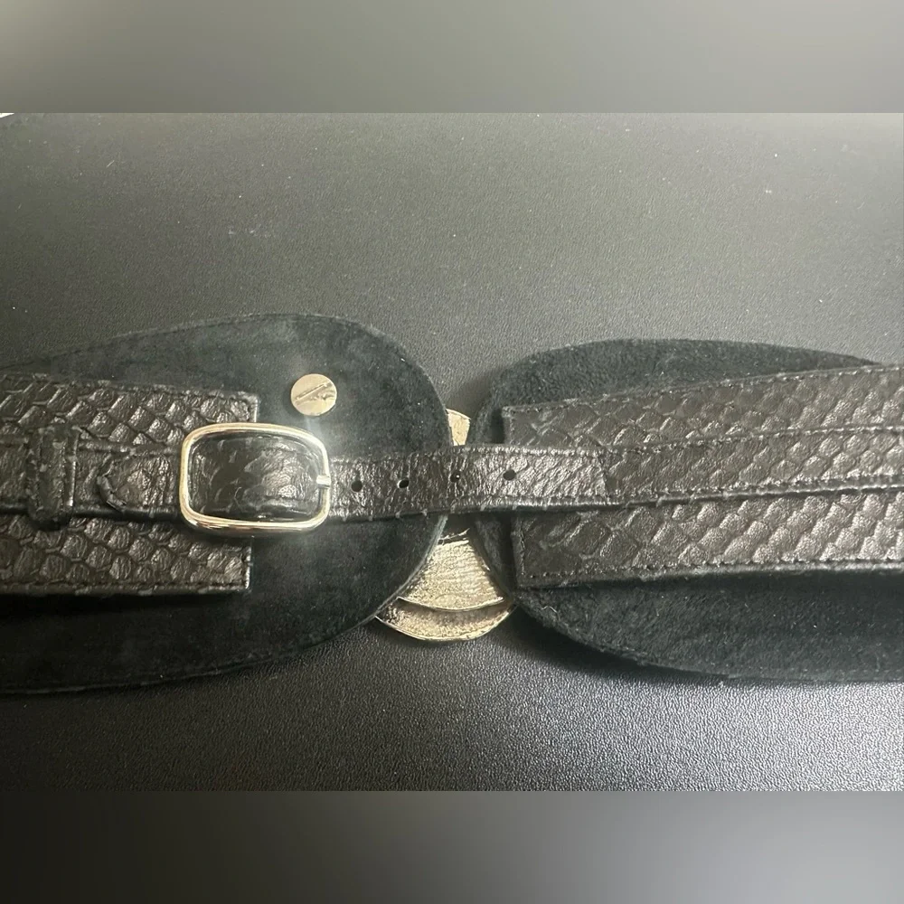 Raina Black Leather Belt Wide Hammered Silvertone